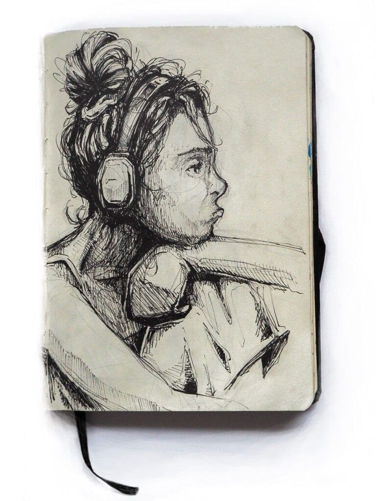 Drawing of a girl wearing headphones
