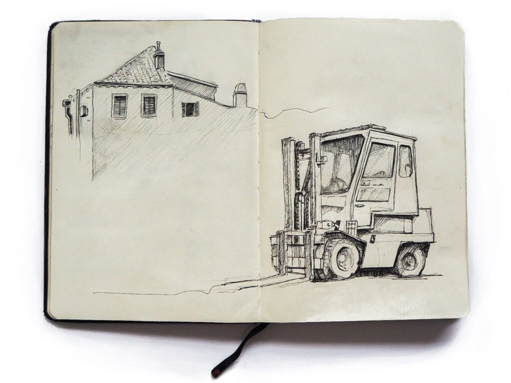 Drawing of a house and a forklift