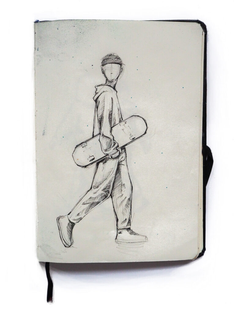 Drawing of a person carrying a skateboard